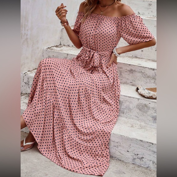 Boho polka dot off shoulder belted maxi dress - Picture 11 of 16